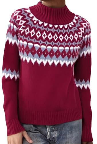 Generisch Maglione Norvegese da Donna, Maglione Invernale, Maglione in Lana Fair Isle con Motivo Norvegese, Maglione a Maglia, Maglione Ugly Christmas, Jacquard a Maniche Lunghe, Maglione Pullover