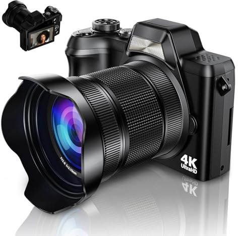 4K Digital Camera for Photography, 56MP Autofocus Vlogging Camera for YouTube Travel, 3 180°Flip Screen & Lens Hood 16X Zoom, 32GB SD Card for Teens & Beginners