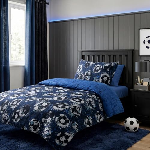 Adore Home Double Duvet Cover Set Blue Football Kids Bedding & Pillowcases | Soft Easy Care Microfibre Bed Linen With Colourful Designs For Children's Bedrooms