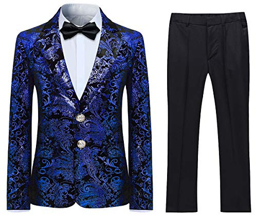 Garçon Costume 2 Pièces Classique Doré Floral Jacquard Slim Fit Toussaint Mariage Bal Tuxedo Veste et Pantalon 6 Couleurs,Bleu,14-15 Years/ 160