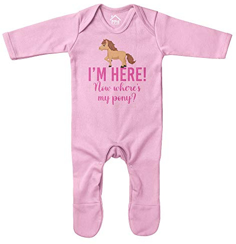 I'm Here Now Where's My Pony Romper Suit - Horse Riding New Baby Gift - Rude Jockey Horse, Light Pink, 0-3 Months