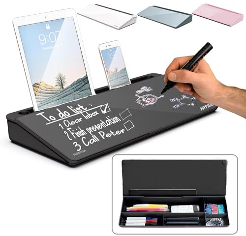 NITRAM Pizarra de cristal para mesa de escritorio con almacenamiento para material de oficina y ranura para tablet/móvil. Dimensiones: 40,5 x 18,5 x 6 cm. Incluye borrador y 2 marcadores (Negro)