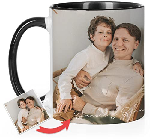 Wanapix | Mug Personnalisée avec Photo et Texte | 325 ml | Tasse à Café Personnalisable | Céramique Mug | Cadeau Original | Va au micro-ondes | Intérieur et Poignée Noir