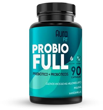 Prebióticos y Probióticos Intestinales | ProBioFull | 60 mil millones UFCeq | Mantenimiento Flora Intestinal + Gases + Colon Irritable | Inulina + Manzanilla + Jengibre | 90 cápsulas