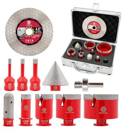 FOCSTOL Punte Diamantate Gres Porcellanato - Punte per Trapano Diamantate per Ceramica Piastrelle Marmo Granito 10 pezzi (6/8/10/20/35/50/68mm+20mm Fresa+50mm Punte per Smusso+Adattatore+115mm Disco)