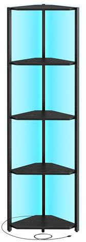 VASAGLE Eckregal mit 5 Ebenen, Bücherregal mit Einstellbarer LED-Beleuchtung, Regal mit Stahlrahmen, 24,8 x 48 x 146,6 cm, für Wohnzimmer, Schlafzimmer, Arbeitszimmer, ebenholzschwarz LBC590B02