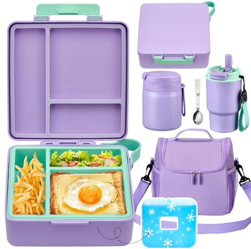 Pawtong Lunch Box Set with Bento Box Container, 17OZ Stainless Steel Food Soup Thermo, Kids Water Bottle & Portable Insulated Lunch Bag – Leakproof, Hot/Cold Retention for School, Travel (Purple)