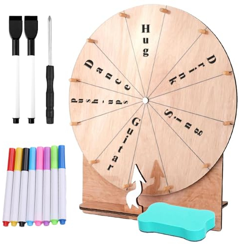 SKIKHN Roue de la fortune à faire pivoter, 30 cm, grande roue porte-bonheur, 12 inscriptions, avec gomme et 10 marqueurs, roue porte-bonheur à personnaliser, roue de la fortune pour jeux de mots, fête