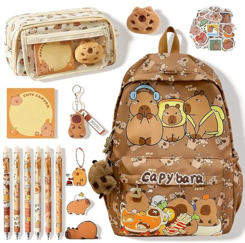 CYGMRFH Capybara zaino per bambini, Capybara astuccio con matite e portachiavi, set di cartoni animati, portapenne, astuccio per la scuola, libri, Mittelgroße, Cartone