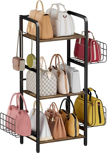 Garbuildman Étagère de rangement à 3 niveaux pour sac à main, support de rangement en bois et métal avec panier réglable et crochets pour armoire, chambre à coucher, couloir, noir