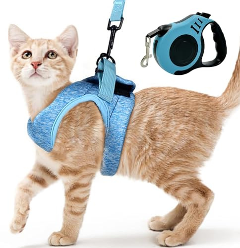 XFSRG Pettorina Gatto Antifuga con Guinzaglio Regolabile per Gatti di Taglia Media e Grande,Tessuto Traspirante Imbracatura Gatto Ideale per Passeggiate e Avventure all'Aperto(Azzurro, S)