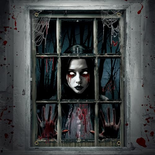 Halloween Horror Curtain Female Child Halloween Window Decorations Scary Window Door Cover Horror Skull Poster Indoor and Outdoor Party Decoration
