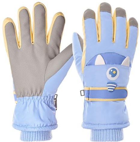 Jikuzfu Kids Touchscreen Ski Gloves Children Waterproof Winter Snow Gloves with Grip, Unicorn Monster Design, Anti-Loss Clip for Boys & Girls