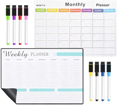 Planner per famiglia magnetico, 2 pezzi, 42 x 30 cm, lavabile, multifunzionale, con 8 pennarelli magnetici per lavagnetta bianca, un must per scuola, casa e ufficio