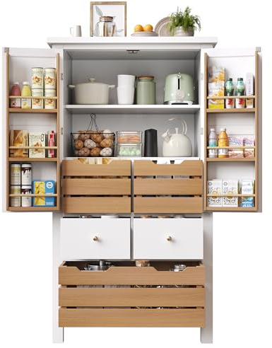 KecDuey 80 x 40 x 140 cm, mobile da cucina, a buffet alto, a buffet multiuso, con due ante e cinque cassetti (bianco)