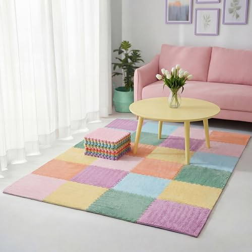 Tinideya Plush Interlocking Carpet Tile, Foam Puzzle Mat, Pastel, 18 Pcs