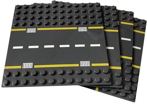 APOSTROPHE Games Building Block Road Base Plates for Large Blocks 19.1 cmx 19.1 cm, 4 Baseplates (2 Straight & 2 Curved Roads) Compatible with Leading Brands