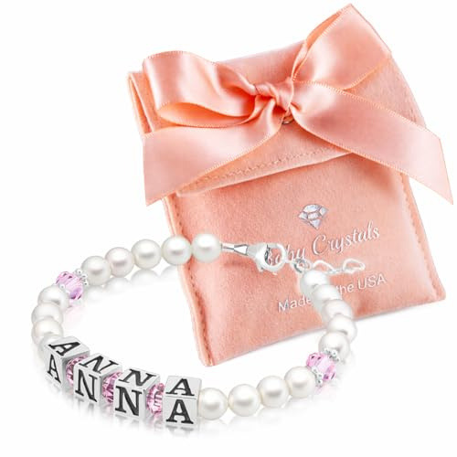 Baby Crystals Personalized Name Bracelet for Girls – Sterling Silver Pearl Charm Bracelet with Birthstone Crystals – Newborn, Infant, Toddler, Teen, Mommy & Me Jewelry – Baptism & Birthday Gift