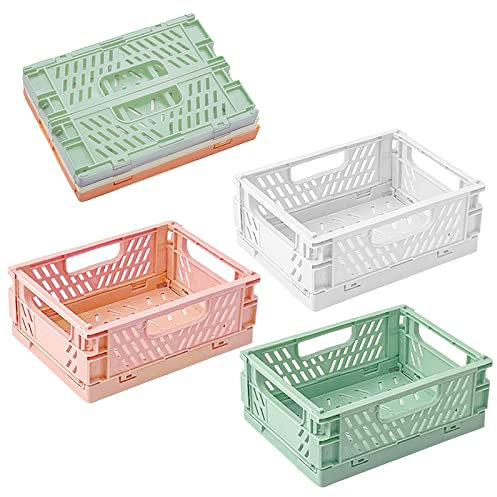 WSAMJIN 3 Pack Pastel Crates Desk Organizers, Mini Plastic Baskets for Office Organization, Collapsible Crate Stacking Folding Storage Baskets for Home Kitchen Bedroom Bathroom Office - 9×15×20cm