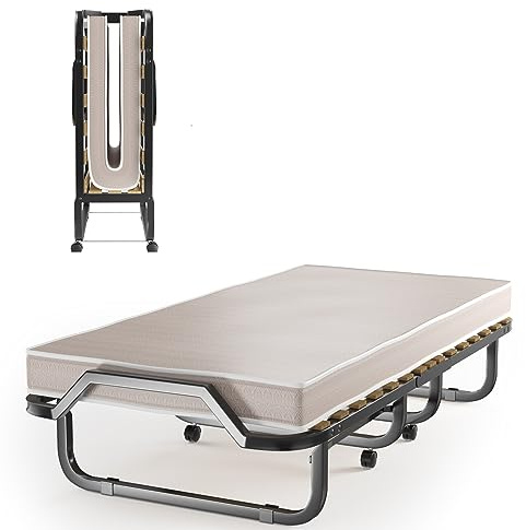 Multigot Folding Bed with 10cm Thick Memory Foam Mattress, Portable Foldable Guest Bed, Single Metal Frame on Wheels Sleeper Bed for Home Office Camping (Beige, 200 x 90 x 41cm)