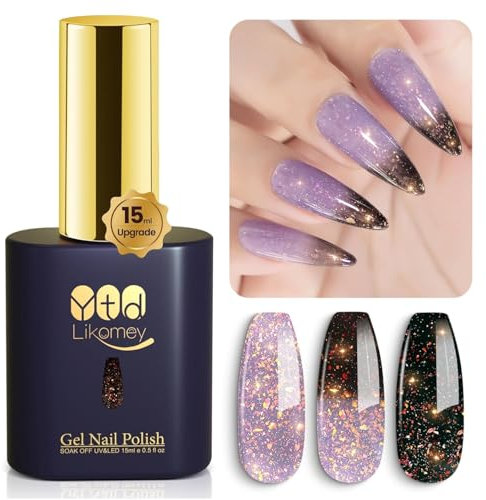 YTD Likomey UV Nagellack Farbwechsel Thermo Farbgel,15ml Grau Schwarz Mehrfarbige Pailletten Gel Chamäleon Shellac Nagelgel UV/LED Color Change Gel Nail Polish Gellack