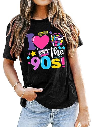 SUWATOIN Women's I Love The 90s T-Shirt Retro Festival Costume T-Shirt Outfit Short Sleeve Black