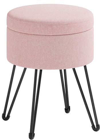 SONGMICS Puff Almacenaje, Baul Almacenaje, Banco Almacenaje Redondo, Taburete de Tocador, 39 x 44,1 cm, 4 Patas de Metal, Asiento Acolchado, Rosa Jalea LOM002R01