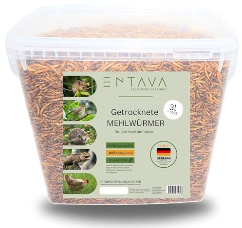 ENTAVA getrocknete Mehlwürmer Premium Qualität - Insektensnack Vögel, Fische, Koi, Schildkröten, Nager, Reptilien, Vogelfutter, Wildvögel, Igelfutter (3 Liter (500g))