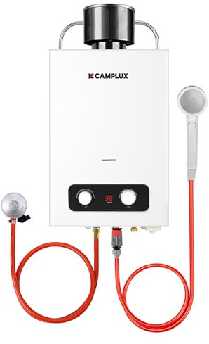 Gas Water Heater 6 litres with 88mm Rain Cap, CAMPLUX BD158C Instantaneous LPG Water Heater with Handle, for Camping Shower/RV/Washing Horse, 30/37mbar