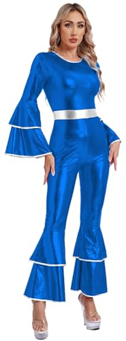 Msemis 70-tals discopatkostym för kvinnor, långärmad glänsande jumpsuit, overall, bodycon bell, flare-byxor, karnevaldräkt, karneval