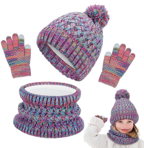 Lvefyti Kinder Wintermütze Schal Handschuhe Set Mädchen Strickmütze Warme Wintermütze Beanie Hut Runder Schal Handschuhe Set für Kinder 2-6 Jahre (Schillernd)