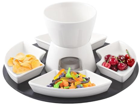 Chokladfondue-set – ostfondue keramisk chokladfondue-set med 4 gafflar i rostfritt stål | choklad smältkruka | choklad fondue-set med 4 halvmåne-serveringsskålar