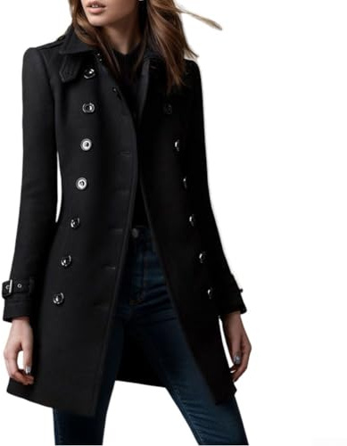 Cappotto di lana da donna autunno inverno alla moda doppio petto caldo strato pezzo (M nero)