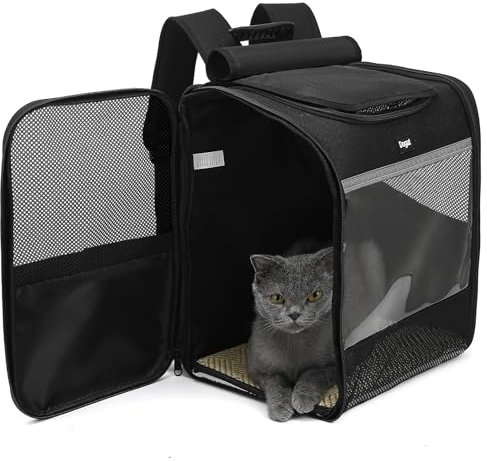 Dogat Katzenrucksack, Groß Katzen Rucksack bis 10KG, Haustier Rucksäcke, für Katzen Hunde, Atmungsaktive, Front Opening-Mesh Fenstertaschen, Faltbar, Tragbare Ourdoor Raum Tragetasche, Schwarz