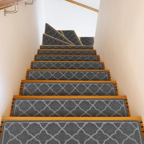 Edging Stair Treads Non-Slip 76 x 20cm(15PC), Indoor Carpet Treads Machine Washable, Reusable Staircases Runner Mat with Non Skid Rubber TPR Backing for Kids Elders and Dogs