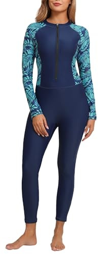 ALLTOKE Damen Rashguard mit Reißverschluss vorne, mit integriertem BH, Marineblau/grüne Blätter, Medium
