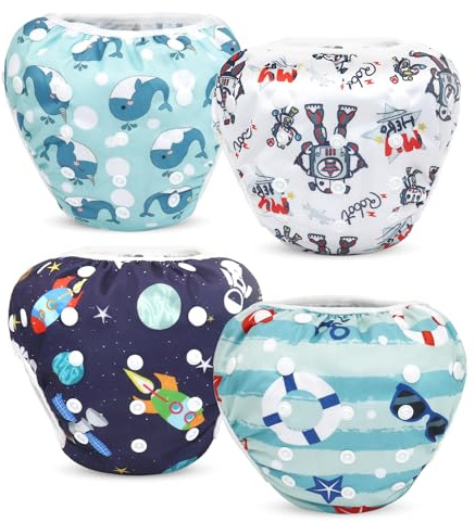 4pcs Adjustable Swimsuit Diapers, Pink White Blue Baby Swim Nappy, Washable Nappy Covers for Swimming Lessons Baby Shower Gifts Boys Girls
