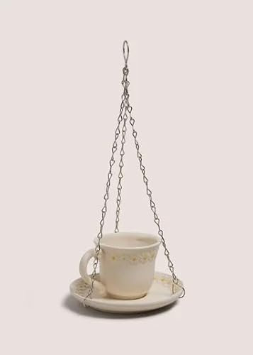 New Vintage Tea Cup Bird Feeder for Garden – Cream Cup & Saucer – Decorative Outdoor Bird Feeder Bowl – Charming Garden Decor for Birds & Wildlife Lovers T-29