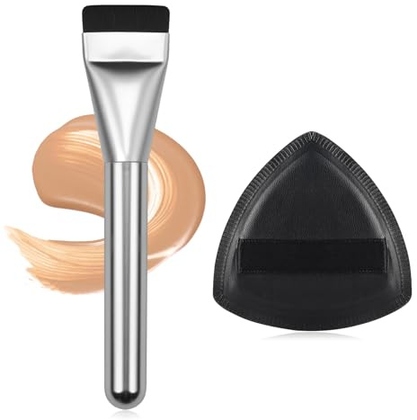 Velvoria Flat Foundation Brush for Liquid Makeup, with Powder Puff, Quick and Flawless, Flat Makeup Brushes, Face Cosmetics, Concealer Brush for Liquids, Cream