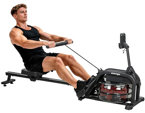 SPORTNOW Rameur à Eau, rameur Musculation d'appartement, résistance Ajustable, réservoir 6-11L, écran LCD, Support de Tablette, Assise Large, Rangement Vertical, Charge Max.135 kg, Acier, Noir