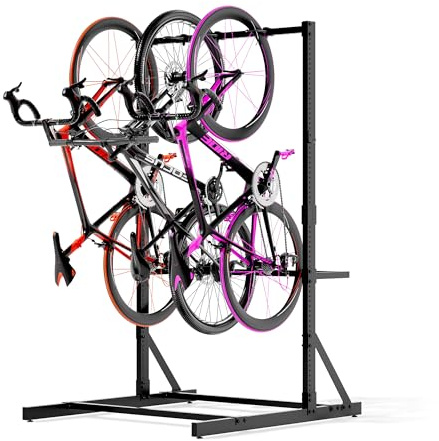 BIXUYOU Support à vélos autoportant pour garage, support de rangement vertical pour vélos, support de sol robuste en acier massif pour 5 vélos maximum avec crochets et crochets pour casque
