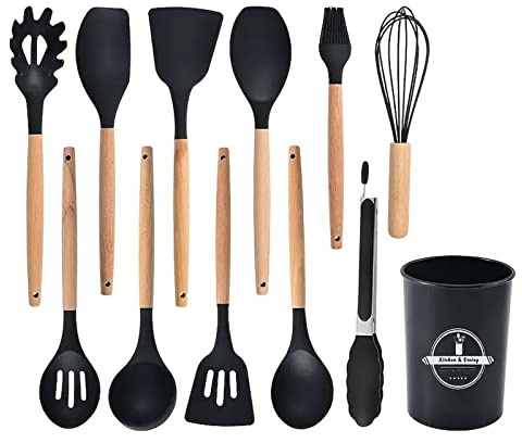 Köksredskapsset – 12 delar silikon matlagning med trähandtag värme 392 F spatel set non-stick köksredskap för tillbehör