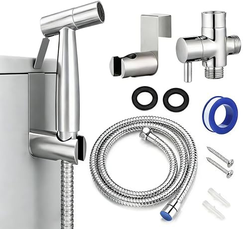 Bidé handdusch set för bidé toalett – rostfritt stål robust toalettduschset med fäste T-adapter och fjäderslang för toalett, husdjur och rengöring (G1/2-stål)