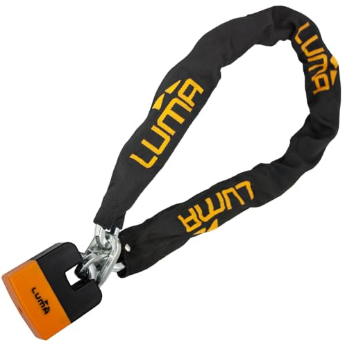 Cadena antirrobo LUMA 28 CHAIN – Cadena de seguridad en acero endurecido con llave reversible – Resistente al impacto, protección contra vandalismo y clima para motos y bicicletas.. (Naranja, 150 cm)