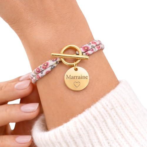 creabibenval Bracelet Liberty avec Fermoir T Doré ou Argenté ou Doré Rose Médaille Gravée – Cadeau Marraine Baptême, Naissance