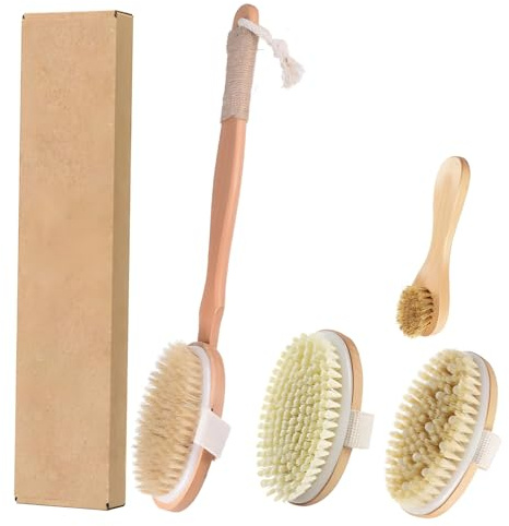 wkao 5-teiliges Trockenbürsten-Set, natürliche Wildschweinborstenbürste mit Gesichtsbürste, Peeling-Körperbürsten-Set für Körperflüssigkeit, Durchblutung, Unterstützung und Verbesserung des Hautbildes