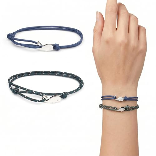 Set di 2 Bracciali Corda Uomo e Donna con Ciondolo Balena, Braccialetto Surfista Nautico Regolabile per Mare e Sport, Gioielli in Cordino Intrecciato Resistente, Idea Regalo Amicizia