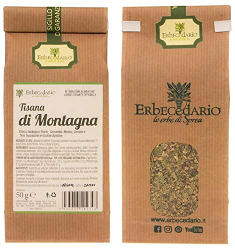 Erbecedario - Tisana di Montagna Digestiva con Sambuco e Camomilla, Infuso Sgonfiante per digestione lenta e Meteorismo, Contro la tensione addominale Tisana fredda Gusto Piacevole, 1 Sacchetto 50g