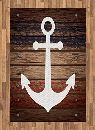 ABAKUHAUS Marine Teppich, Boot Thema Anker-Motiv, Deko-Teppich Digitaldruck, Färben mit langfristigen Halt, 120 x 180 cm, Braun Weiß Blau Vermilion