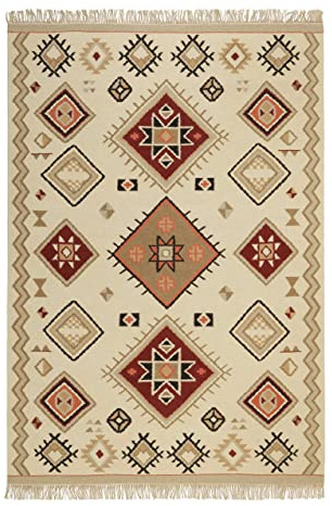 Kelim Teppich handgewebt - Naturfaser Läufer & Teppiche bestens geeignet fürs Wohnzimmer & Schlafzimmer, Handwebteppich & Wollteppich, nachhaltig & hochwertig, 160 x 230 cm, Creme Beige Rot - Brionne